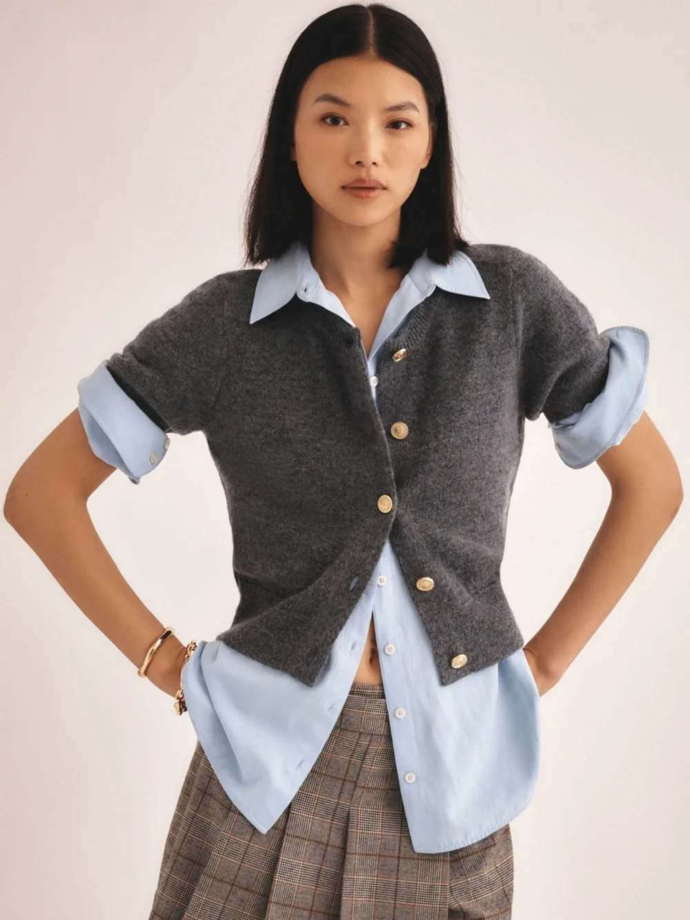 Maeve Short Sleeve Cardigan Sweater Knit Top Grey Gold Anthropologie Size Small